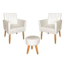 Kit 02 Poltrona Decorativa Nina Capitonê Com Puff Pés Palito Suede Bege - Hellen Decor