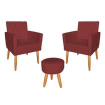 Kit 02 Poltrona Decorativa Nina Capitonê Com Puff Pés Palito Suede Bordô - Hellen Decor