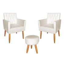 Kit 02 Poltrona Decorativa Nina Capitonê Com Puff Pés Palito Suede - Hellen Decor