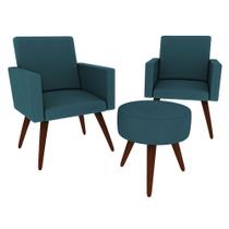 Kit 02 Poltrona Decorativa Nina Com Puff Pés Palito Suede Azul Turquesa - Hellen Decor