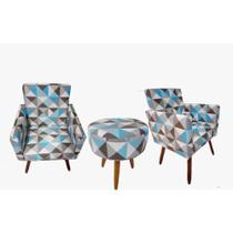 Kit 02 Poltrona Decorativa Nina com rodapé e Puff Triângulos AzulMaitê Moda Casa