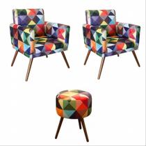 Kit 02 Poltrona Decorativa Nina com rodapé e Puff Triângulos Rodapé-Maitê Moda Casa