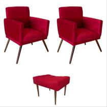 Kit 02 Poltrona Decorativa Nina E Um Puff Retangular Suede Vermelho