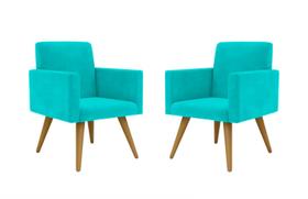 Kit 02 Poltrona Decorativa Nina Pés Palito Suede Azul Turquesa - Hellen Decor