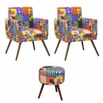 Kit 02 Poltrona Decorativa Nina rodapé e Puff Patchwork-Maitê Moda Casa