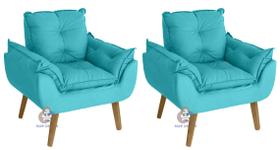 Kit 02 Poltrona Decorativa Opala Azul Turquesa com fibra de silicone e pés quadrado SMF DECOR