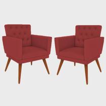 Kit 02 Poltrona Decorativa Pés Palito Nina Encosto Estilo Capitonê Vermelho