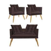 Kit 02 Poltrona e Namoradeira Sofá Lucia Confort Com Almofada Sala Recepção Escritório Consultório Pé Castanho Suede Marrom - KDAcanto Móveis Kit 02 Poltrona e Namoradeira Sofá Lucia Confort Com Almofada Sala Recepção Escritório Consultório Pé Castanho Suede Marrom - KDAcanto Móveis