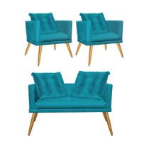 Kit 02 Poltrona e Namoradeira Sofá Lucia Confort Com Almofada Sala Recepção Escritório Consultório Pé Rústico Suede Azul Turquesa - KDAcanto Móveis Kit 02 Poltrona e Namoradeira Sofá Lucia Confort Com Almofada Sala Recepção Escritório Consultório Pé Rústico Suede Azul Turquesa - KDAcanto Móveis