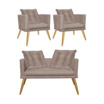 Kit 02 Poltrona e Namoradeira Sofá Lucia Confort Com Almofada Sala Recepção Escritório Consultório Pé Rústico Suede Bege - KDAcanto Móveis Kit 02 Poltrona e Namoradeira Sofá Lucia Confort Com Almofada Sala Recepção Escritório Consultório Pé Rústico Suede Bege - KDAcanto Móveis
