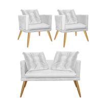 Kit 02 Poltrona e Namoradeira Sofá Milena Confort Com Almofada Sala Recepção Escritório Consultório Pé Carvalho material sintético Branco - DAMAFFÊ MÓVEIS Kit 02 Poltrona e Namoradeira Sofá Milena Confort Com Almofada Sala Recepção Escritório Consultório Pé Carvalho material sintético Branco - DAMAFFÊ MÓVEIS