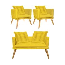 Kit 02 Poltrona e Namoradeira Sofá Milena Confort Com Almofada Sala Recepção Escritório Consultório Pé Carvalho Suede Amarelo - DAMAFFÊ MÓVEIS Kit 02 Poltrona e Namoradeira Sofá Milena Confort Com Almofada Sala Recepção Escritório Consultório Pé Carvalho Suede Amarelo - DAMAFFÊ MÓVEIS