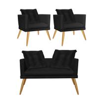 Kit 02 Poltrona e Namoradeira Sofá Milena Confort Com Almofada Sala Recepção Escritório Consultório Pé Madeira material sintético Preto - DAMAFFÊ MÓVEIS