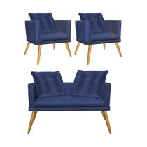 Kit 02 Poltrona e Namoradeira Sofá Milena Confort Com Almofada Sala Recepção Escritório Consultório Pé Madeira Suede Azul Marinho - DAMAFFÊ MÓVEIS Kit 02 Poltrona e Namoradeira Sofá Milena Confort Com Almofada Sala Recepção Escritório Consultório Pé Madeira Suede Azul Marinho - DAMAFFÊ MÓVEIS
