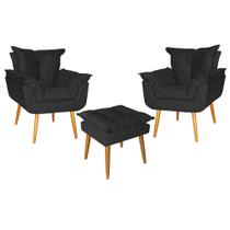 Kit 02 Poltrona e Puff Opala Para Quarto Sala Recepção Suede Preto - Ninho Decor