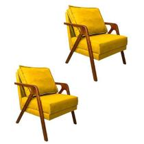 Kit 02 Poltrona Marilia Sala De Estar Suede Amarelo - Hellen Decor
