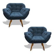 Kit 02 Poltrona Miami Cadeira Pés Palitos Salão Escritorio Consultório Amamentação Suede Veludo Azul Marinho
