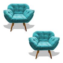 Kit 02 Poltrona Miami Cadeira Pés Palitos Salão Escritorio Consultório Amamentação Suede Veludo Azul Turquesa