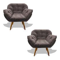 Kit 02 Poltrona Miami Cadeira Robusta Pés Palitos Fibra Silicone Sala Estar Clínica Recepção Veludo Cinza Escuro