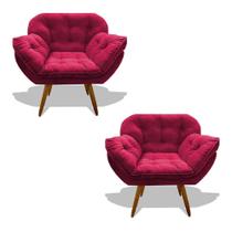 Kit 02 Poltrona Miami Cadeira Robusta Pés Palitos Fibra Silicone Sala Estar Clínica Recepção Veludo Vermelho