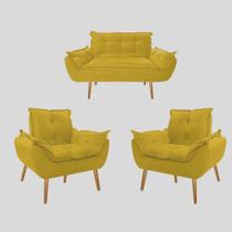 Kit 02 Poltrona + Namoradeira Opala Suede Amarelo- CASA DA POLTRONA