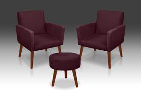 Kit 02 Poltrona Nina + 01 Puff Redondo Suede Bordo- MODENA DECOR