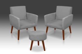 Kit 02 Poltrona Nina + 01 Puff Redondo Suede Cinza Claro -MODENA DECOR