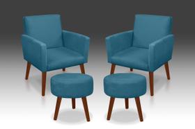 kit 02 Poltrona Nina +02 Puf Redondo Suede Azul Claro -Modena Decor