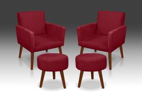 Kit 02 Poltrona Nina +02 Puf Redondo Suede Vermelho Decorativa Sala Escritório, salão, quarto, recepção -Modena Decor