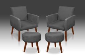 Kit 02 Poltrona Nina + 02 Puff Redondo Suede Cinza Escuro -Modena Decor