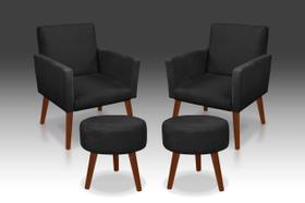 Kit 02 Poltrona Nina + 02 Puff Redondo Suede Preto-Modena Decor