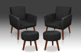 Kit 02 Poltrona Nina + 02 Puff Redondo Suede Preto-Modena Decor