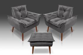 Kit 02 Poltrona Opala + 01 Puf Opala Suede Cinza Escuro -RV Decora Kit 02 Poltrona Opala + 01 Puf Opala Suede Cinza Escuro -RV Decora