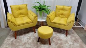 Kit 02 Poltrona Opala + 01 Puf Redondo Suede Amarelo -Pandora Decor