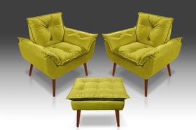 Kit 02 Poltrona Opala + 01 Puff Opala Suede Amarelo- Modena Decor