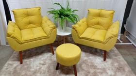 Kit 02 Poltrona opala + 01 Puff Redondo Suede Amarelo-CASA DA POLTRONA