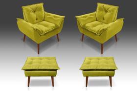 Kit 02 Poltrona Opala + 02 Puf Opala Suede Amarelo-PANDORA DECOR