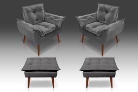 Kit 02 Poltrona Opala + 02 Puf Opala Suede Cinza Chumbo -Modena Decor