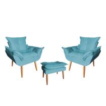 Kit 02 Poltrona Opala Sala De Estar Com Puff Opala Suede Azul Turquesa - Hellen Decor
