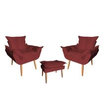 Kit 02 Poltrona Opala Sala De Estar Com Puff Opala Suede Bordô - Hellen Decor