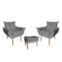 Kit 02 Poltrona Opala Sala De Estar Com Puff Opala Suede Cinza - Hellen Decor