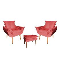 Kit 02 Poltrona Opala Sala De Estar Com Puff Opala Suede Vermelho - Hellen Decor