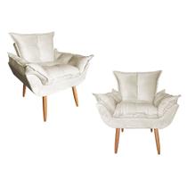 Kit 02 Poltrona Opala Sala De Estar Pés Palito Suede Bege - Hellen Decor