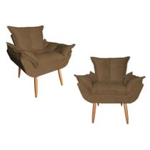 Kit 02 Poltrona Opala Sala De Estar Pés Palito Suede Marrom - Hellen Decor