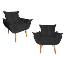 Kit 02 Poltrona Opala Sala De Estar Pés Palito Suede Preto - Hellen Decor