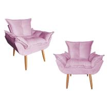 Kit 02 Poltrona Opala Sala De Estar Pés Palito Suede Rose - Hellen Decor
