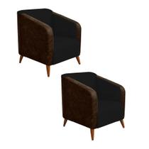 Kit 02 Poltrona Silmara Compose material sintético Nozes Decorativa Pés Madeira 2 Lugares Sala de Estar Recepção Escritório Consultório material sintético Preto - KDAcanto