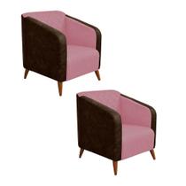 Kit 02 Poltrona Silmara Compose Tecido Sintético Nozes Decorativa Pés Madeira 2 Lugares Sala de Estar Recepção Escritório Consultório Tecido Sintéti