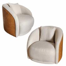 Kit 02 Poltrona Sophia Base Giratória- Almofada, Redonda, Linho Bege Sintético Caramelo, Orgânico