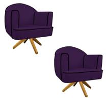 Kit 02 Poltronas Athena Base Giratória Madeira Suede Roxo - Amarena Móveis